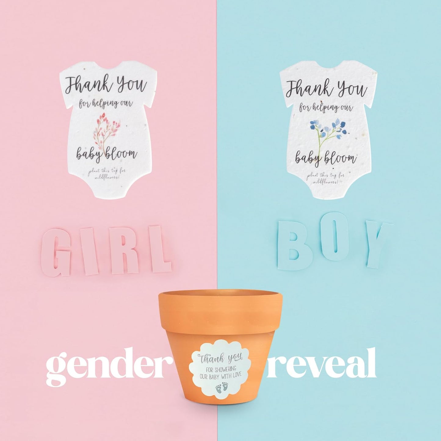 Set of 6 Seed Paper – 6 Pink Onesie & 6 Orange Pots with Stickers for Baby Shower, Gender Reveal, Birthday, Mother's Day & Other Milestone Celebrations