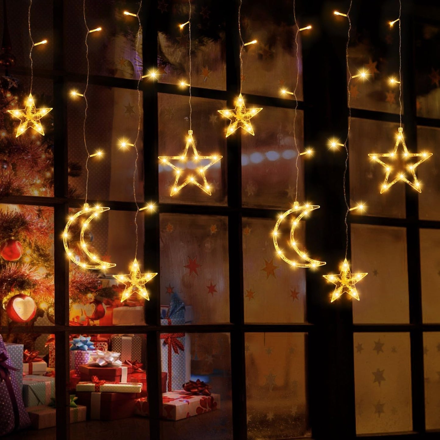PUHONG Christmas Lights, 11.48FT Curtain String Lights with 8 Light Modes, Star Moon Indoor Outdoor Fairytale String Lights for Bedroom, Window, Wall, Home, Ramadan, Christmas Decoration - Warm White