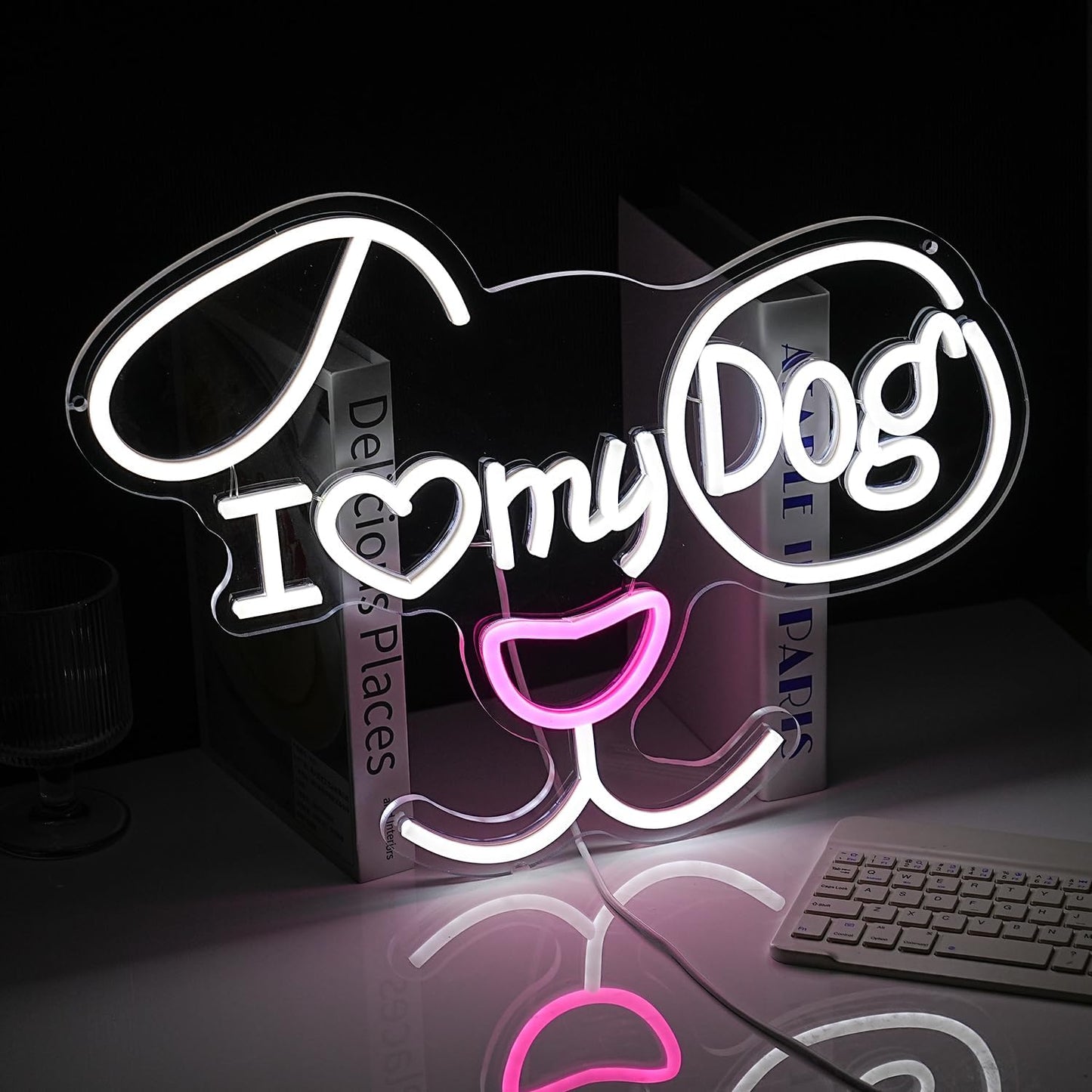I Love My Dog Neon Sign for Wall Decor Funny Dog Neon Light Powered by USB Dimmable LED White Red Light Up Sign for Pet Shop Bedroom Animal Theme Party Decor Great Idea(16.7 * 12.6In)