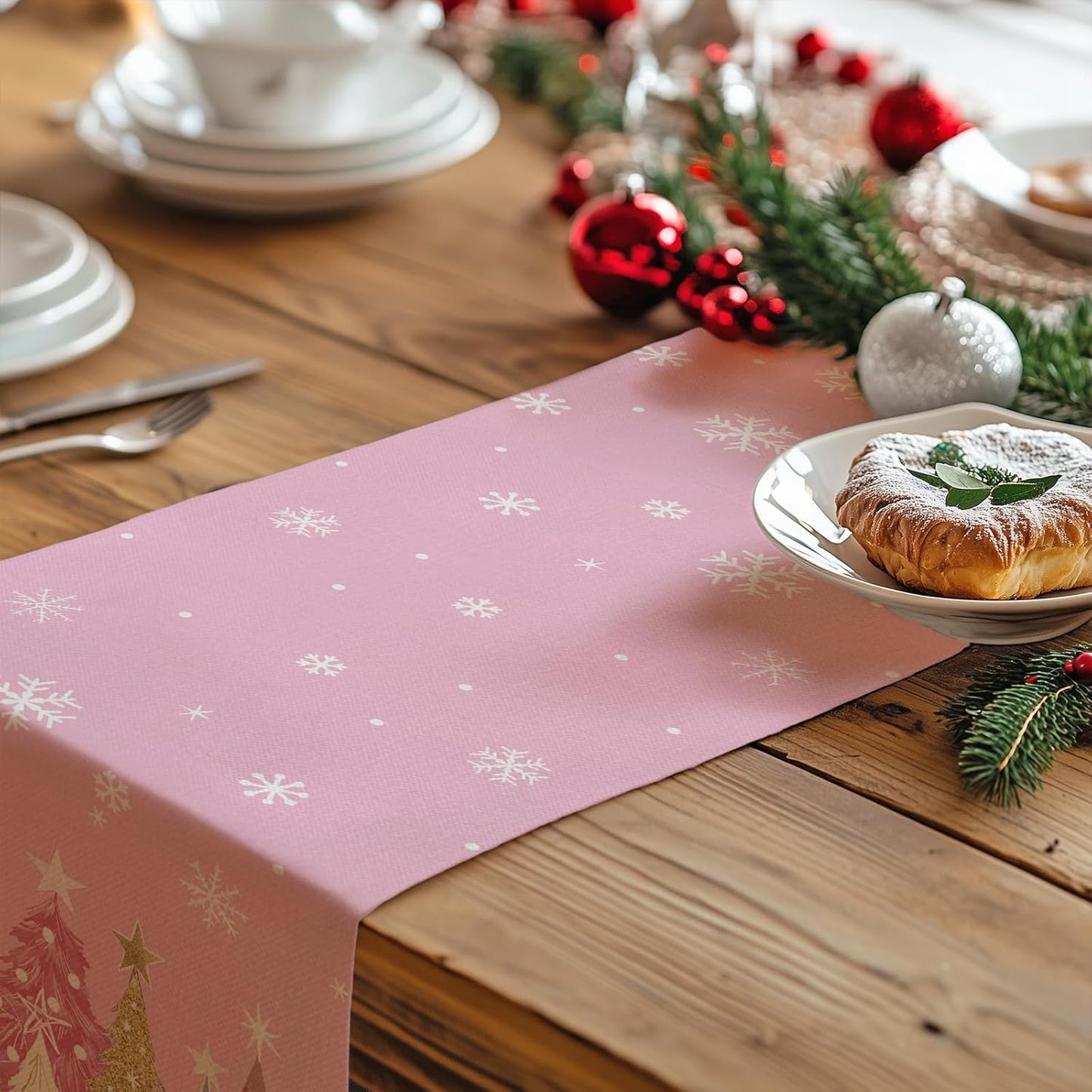 GEEORY Christmas Table Runner 13x108 Inch, Xmas Trees Snowflakes Holiday Decorative Farmhouse Table Decoration for Kitchen Dinning, Indoor Outdoor Dinner Party Decor (Pink) GT153-108