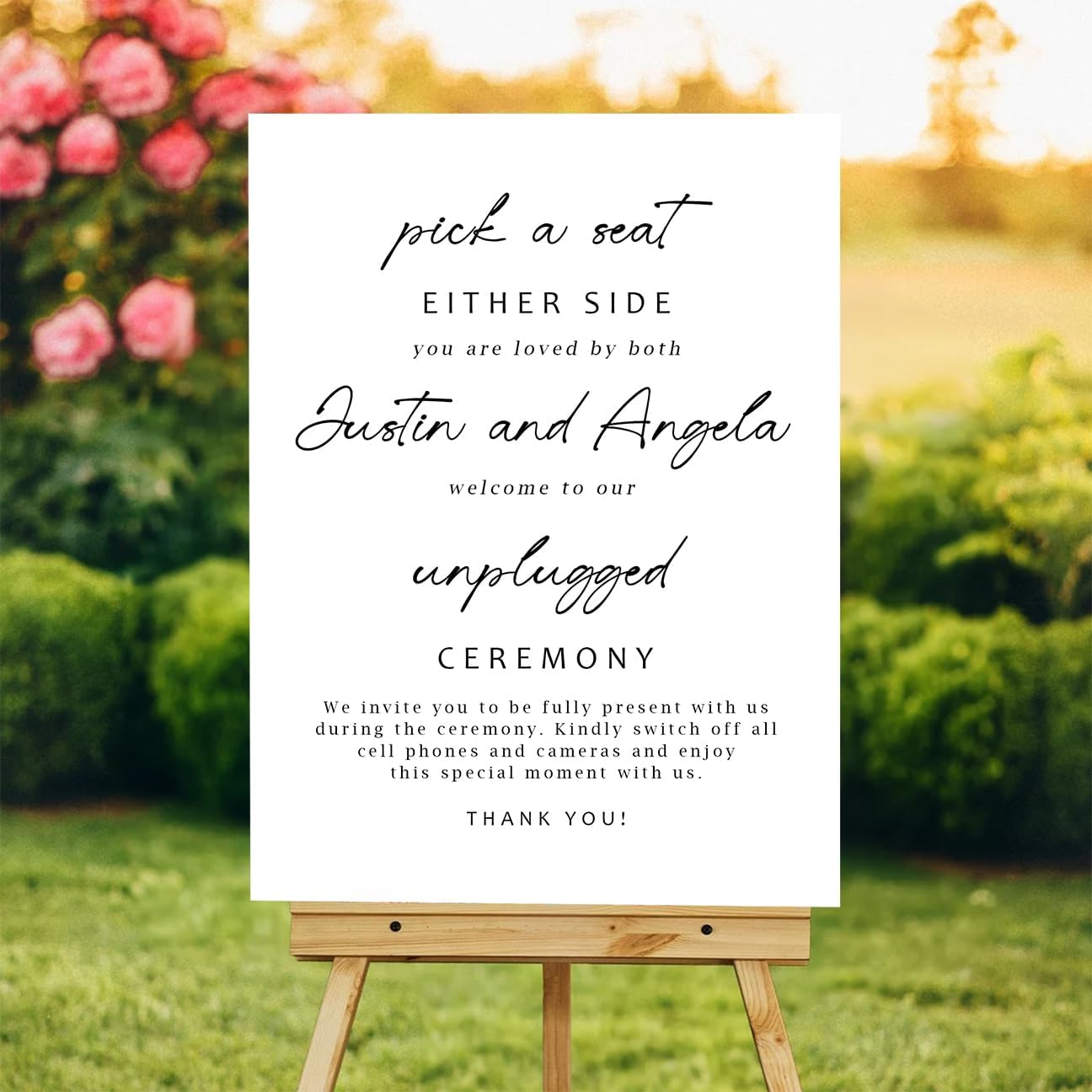 Minimalist Pick a Seat & Unplugged Wedding Sign – Custom Outdoor Yard Sign – Black and White Script Design