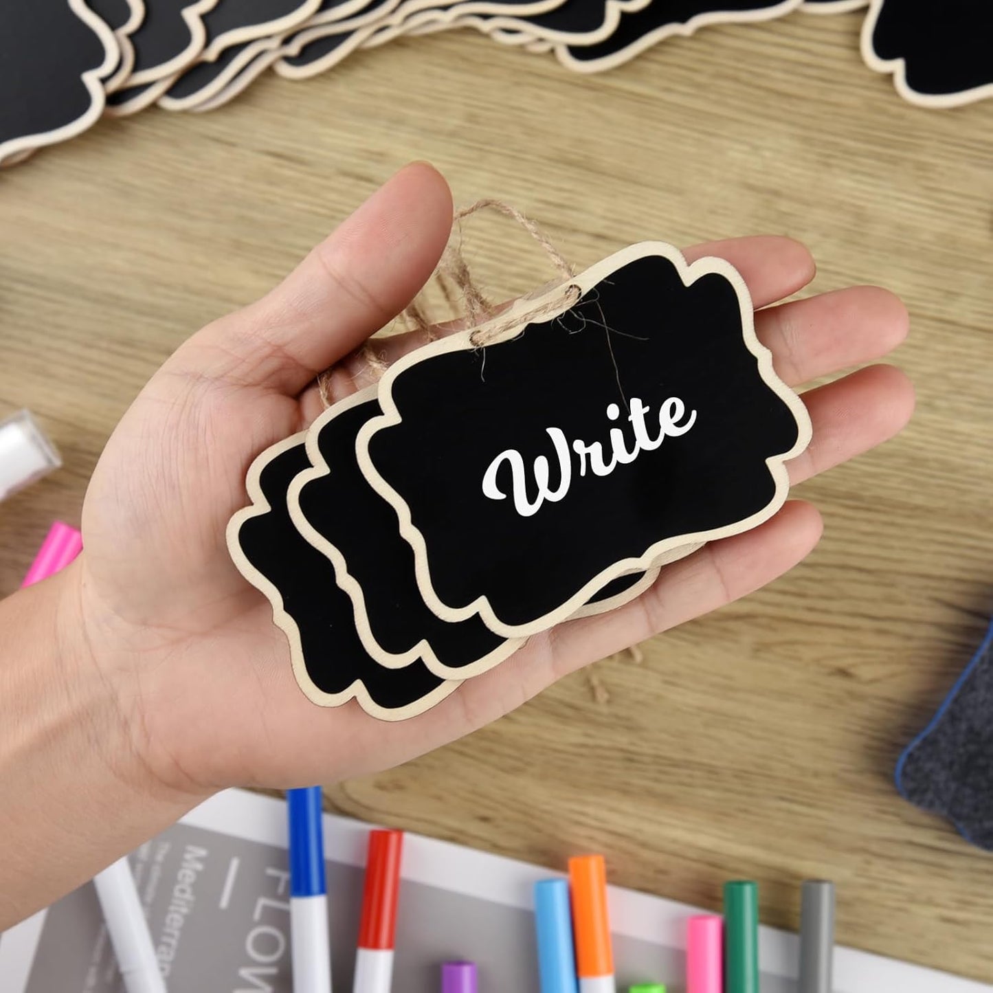NEBURORA 24 Pcs Mini Erasable Wood Chalkboard Signs with Hanging String Reusable Double-Sided Blackboards for Message Boards Hanging Signs Price Labels Table Numbers Plant Name Tags
