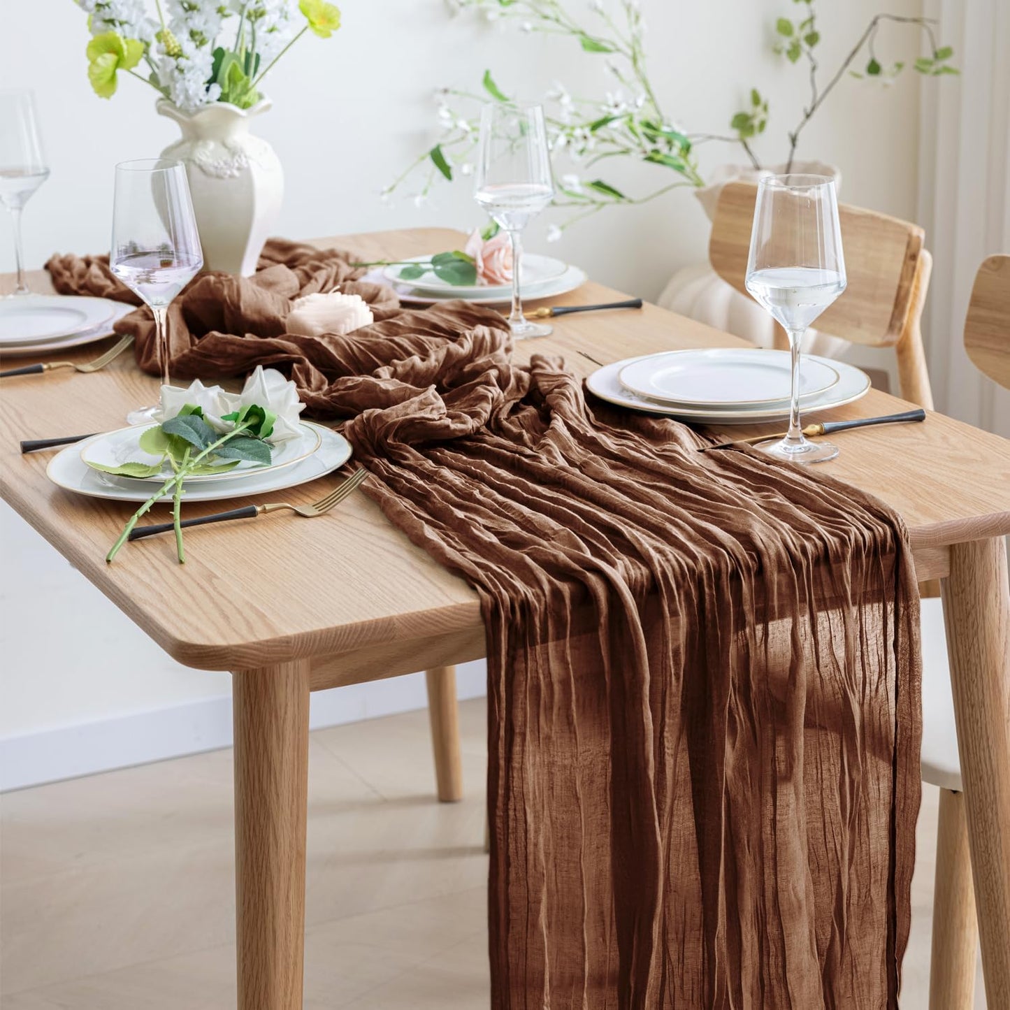 Asee'm 2pcs Cheesecloth Table Runner 120 Inches Long Brown Boho Gauze Cheese Cloth Runner 10FT Rustic Sheer Fall Table Runners for Thanksgiving Christmas Wedding Party Baby Shower Decoration