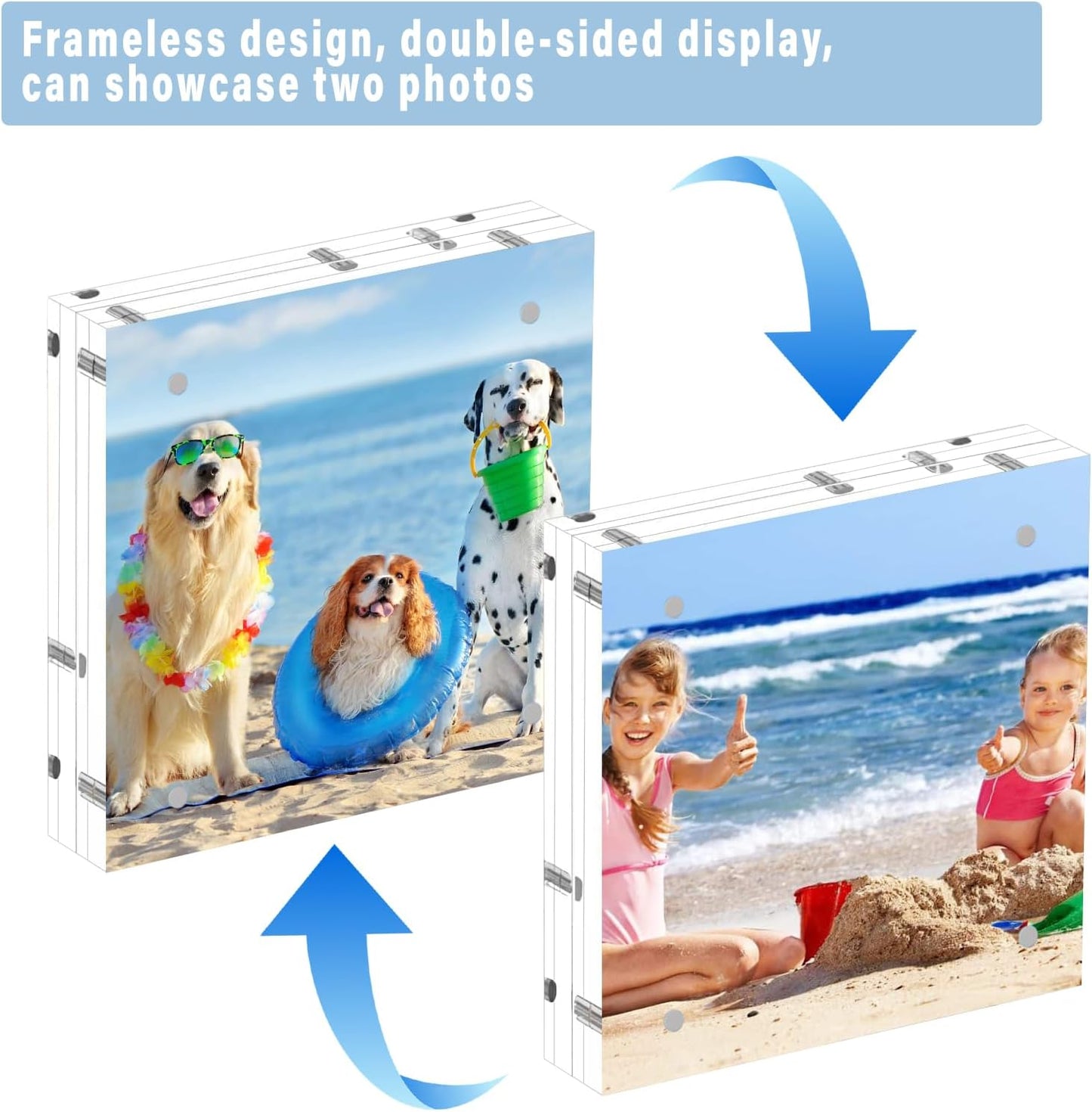 HELPLEX 2 Pack 8x8 Acrylic Picture Frames, 24mm Thicker Square Frameless Clear Frame Double Sided Magnetic Frame, Free Standing Desktop Display Stand