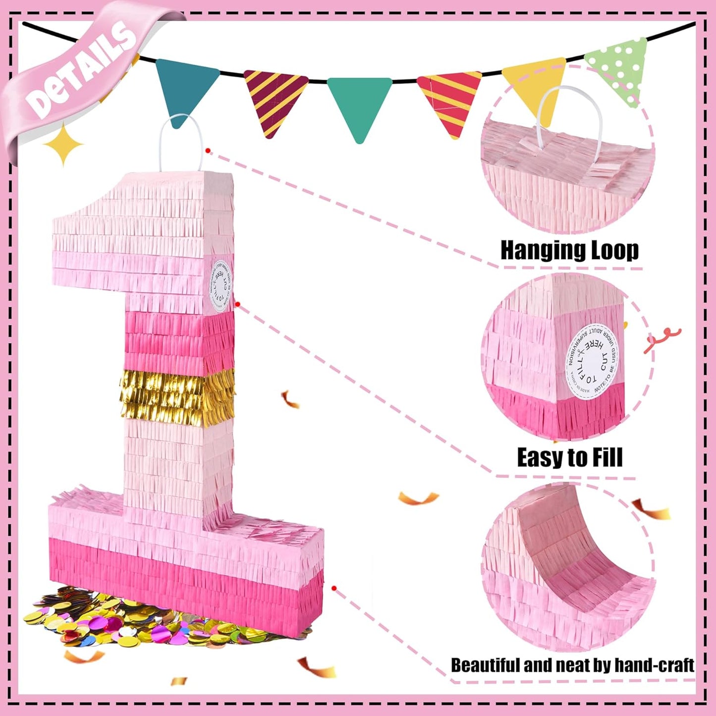 PCFING 20 Inch Number 1 Piñata Pink Gold with 30 Inch Piñata Stick Blindfold Confetti for Boys Girls Adults Birthday Party Decorations, Anniversary Celebration, Fiesta