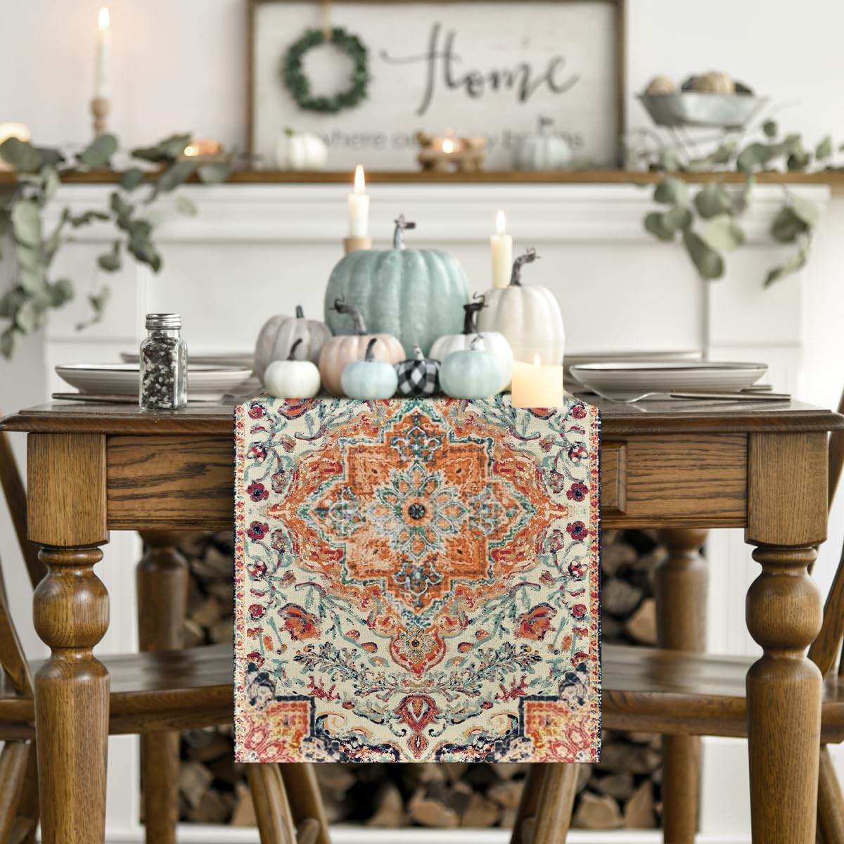 Artoid Mode Boho Bohemia Style Orange Table Runner, Country Rustic Farmhouse Magical Fall Kitchen Dining Table Decoration for Home Party Decor 13x90 Inch