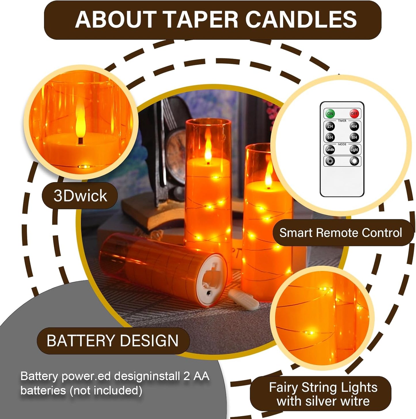 Flameless LED Candles with Timer 9 Pc Flickering Flameless Candles for Romantic Ambiance and Home Decoration Stable Acrylic Shell,with Embedded Star String，Battery Operated Candles（Orange）