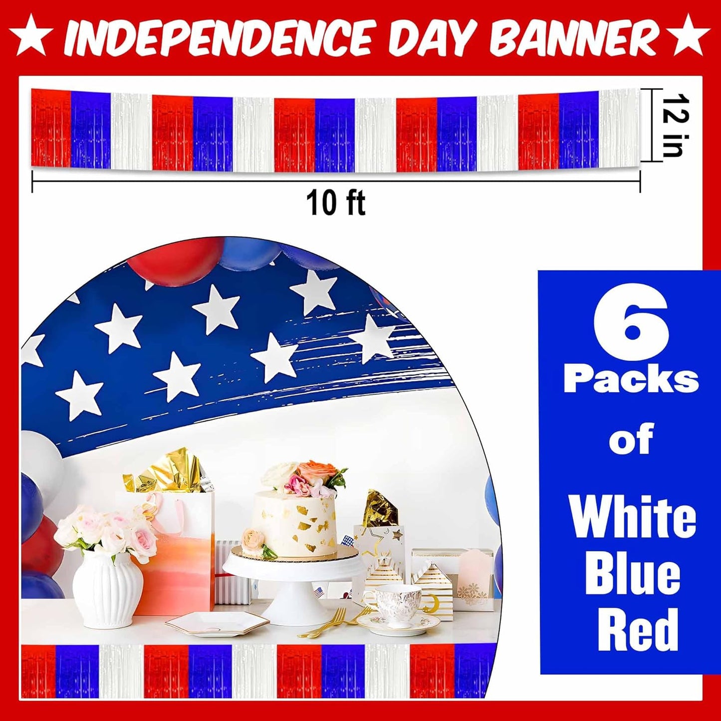 6 Pack 10 Ft White Blue Red Foil Fringe Garland Metallic Streamers Tinsel Banner Wall Hanging Garland Backdrop for Parade Floats, Halloween, Christmas, Thanksgiving, New Year Party Decorations