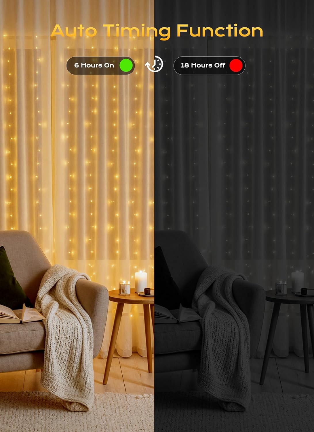 Brightown 300 LED Curtain String Lights, 9.8 FT Hanging Fairy Lights with Remote, 8 Modes, Waterproof Window Lights for Bedroom Backdrop Wedding Outdoor Party Christmas Decorations