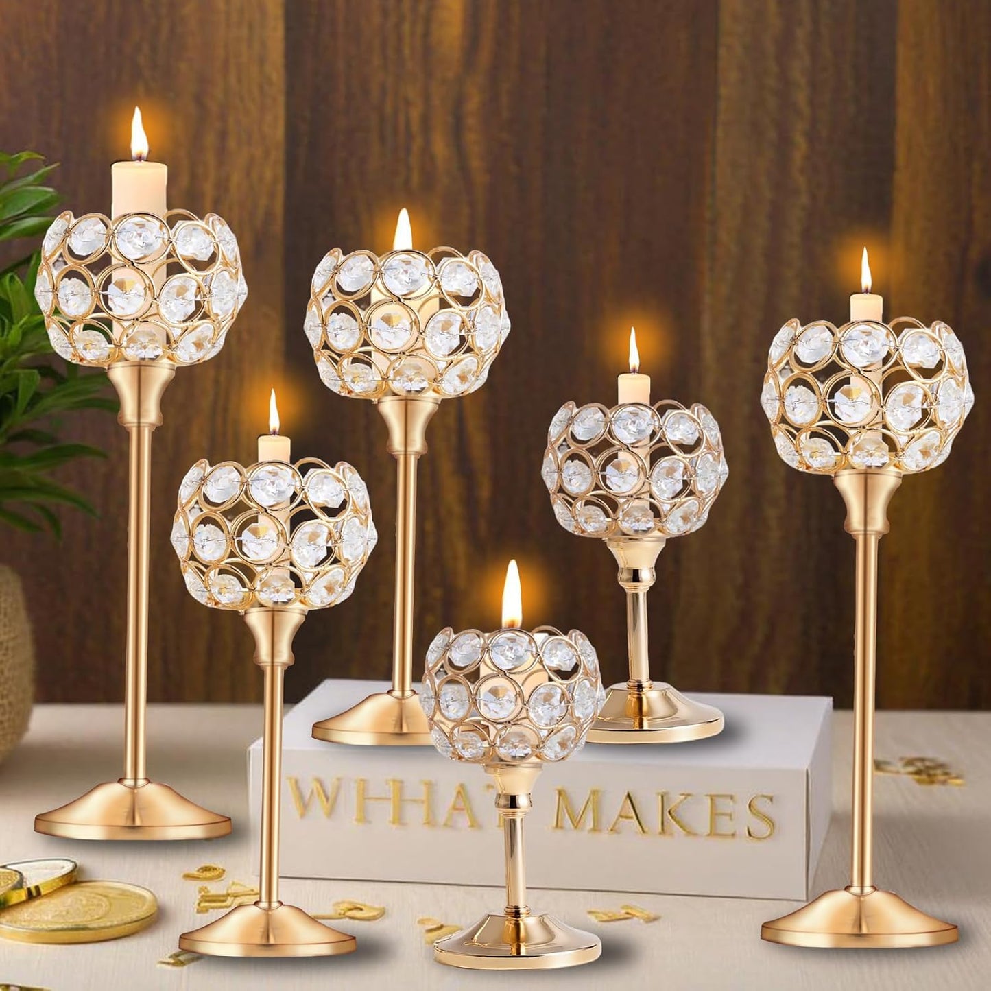 Crystal Candle Holders Set of 16 for Wedding Centerpieces Gold Or Silver Candle Holders Bulk Decorative Tealight Candle Holder for Wedding, Party,Table Centerpieces Decoration (Golden, 2 Sets(6 Pcs))