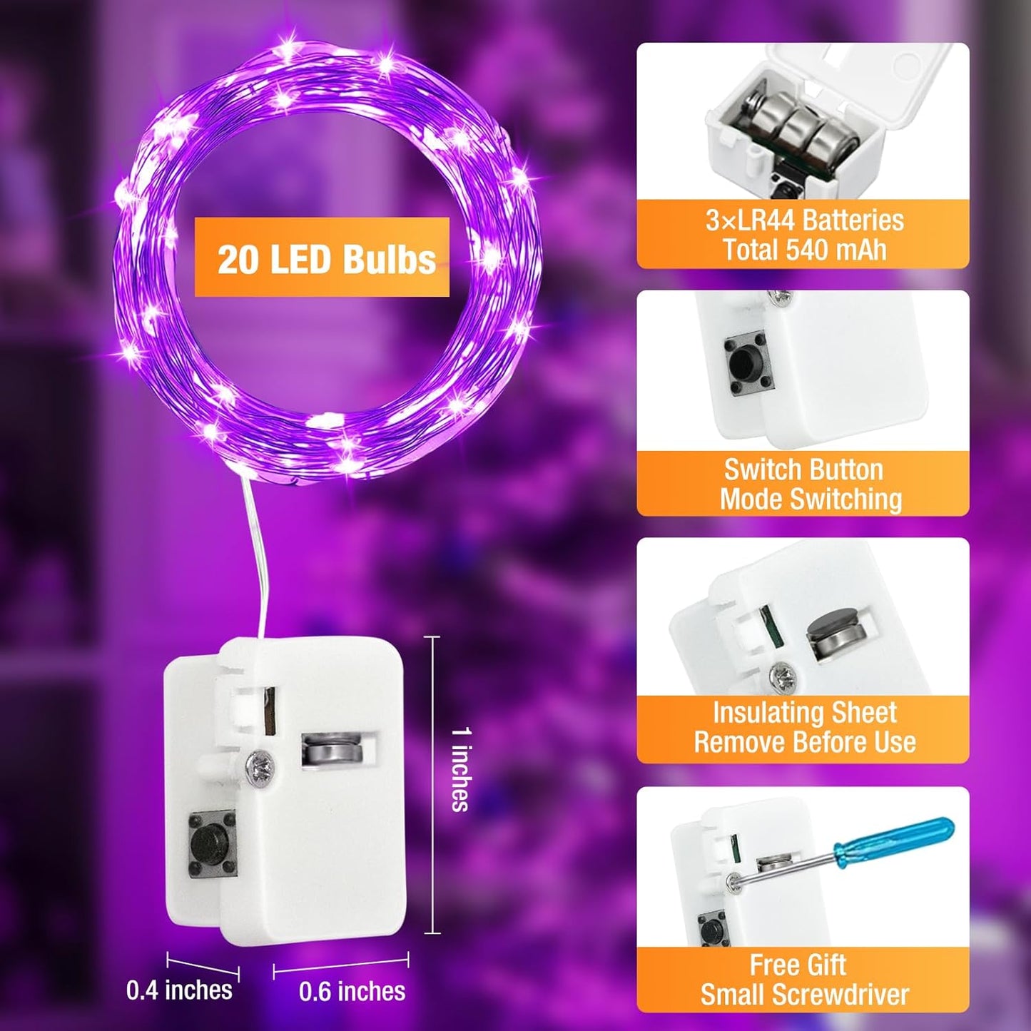 6 Pack Fairy Lights Battery Operated - 7ft 20 Led Twinkle Lights 3 Modes, Bulk Mini String Lights Waterproof for Halloween Holiday Mason Jars Vases DIY Decoration Christmas-Purple