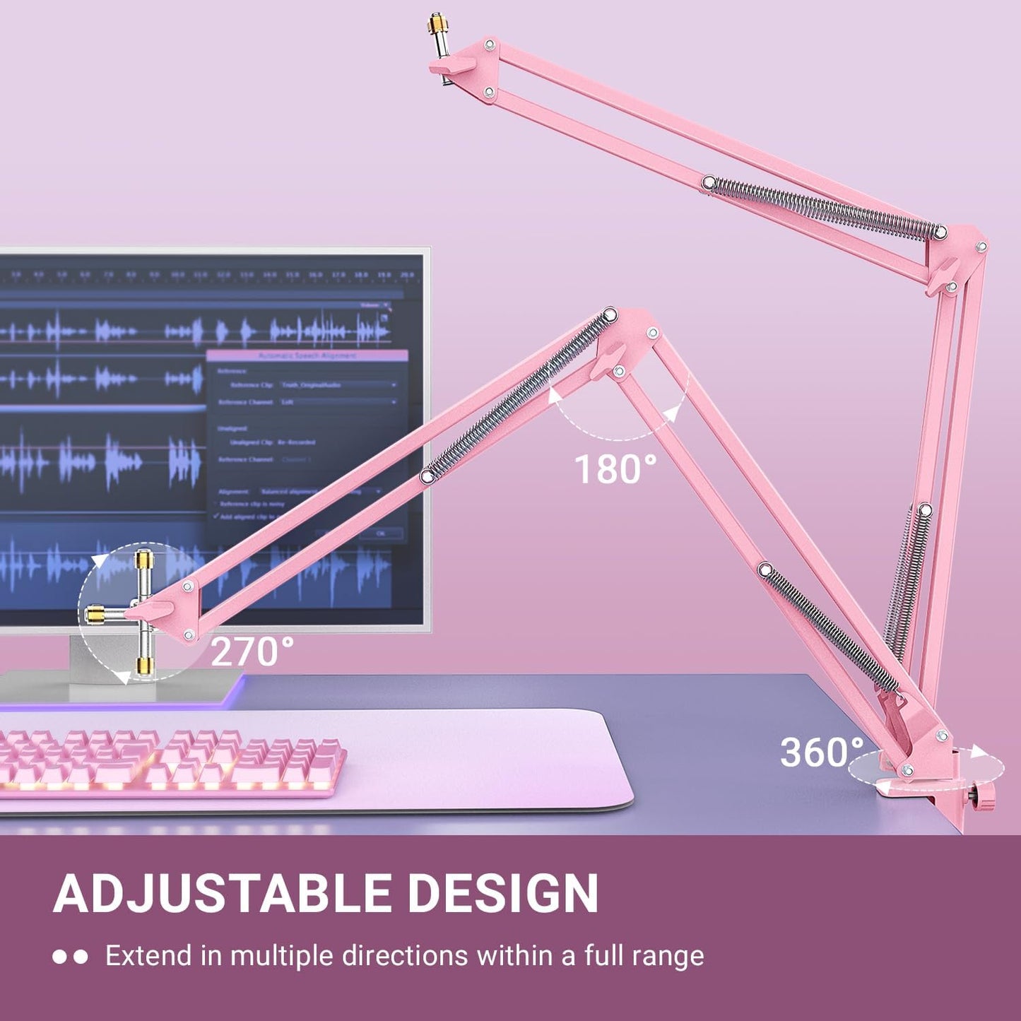 FIFINE Boom Arm Mic Stand, Microphone Arm with Desk Mount for Podcast Streaming Gaming Home Studio, Metal Suspension Scissor Boom Mic Stand-CS1 Pink