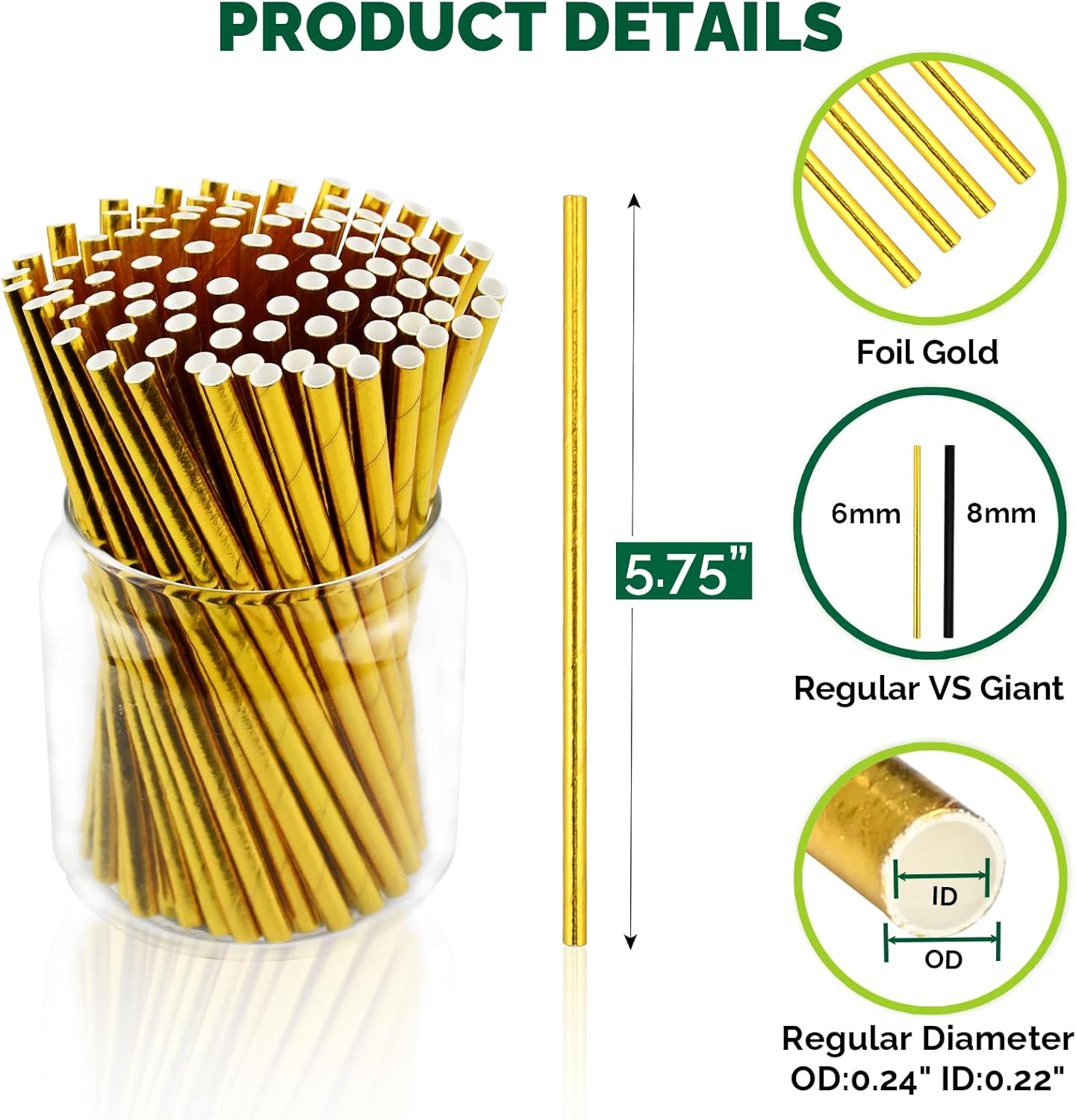 5.75 Inch Disposable Short Gold Paper Straws & Stirrers, Sipping Stir Sticks (500 Counts) - for Cocktail, Short Drinks, Wedding, Party, Bars, Restaurants