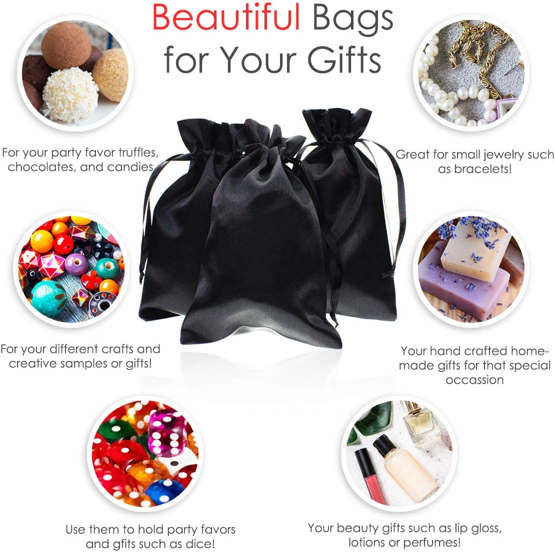 3" x 4" Black Satin Gift Bags, Jewelry Bags, Wedding Favor Silky Drawstring Bags Baby Shower Christmas 50 per Pack