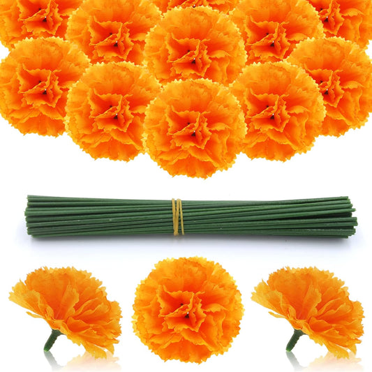 Hananona 50 Pcs Marigold Flower Heads Bulk, Silk Marigolds with Stems Artificial Mexican Flowers for Diwali Day of The Dead Dia De Los Muertos Ofrenda Decor