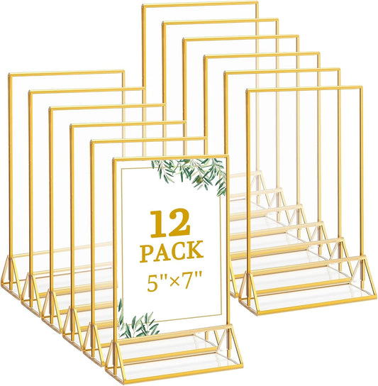 Floroom 12 Pack 5x7 Inch Clear Acrylic Sign Holders, Double-Sided Gold Display Stand Picture Frames for Table Numbers, Menus, Flyers, Weddings, and Offices