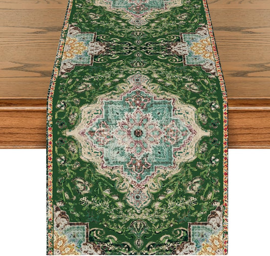 Artoid Mode Boho Bohemia Style Green Table Runner, Country Rustic Farmhouse Magical Christmas Kitchen Dining Table Decoration for Home Party Decor 13x72 Inch