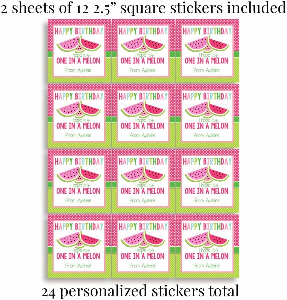 Custom & Personalized One in A Melon Watermelon Happy Birthday Gift Tag Sticker Labels, 24 2.5" Square Stickers by Amanda Creation