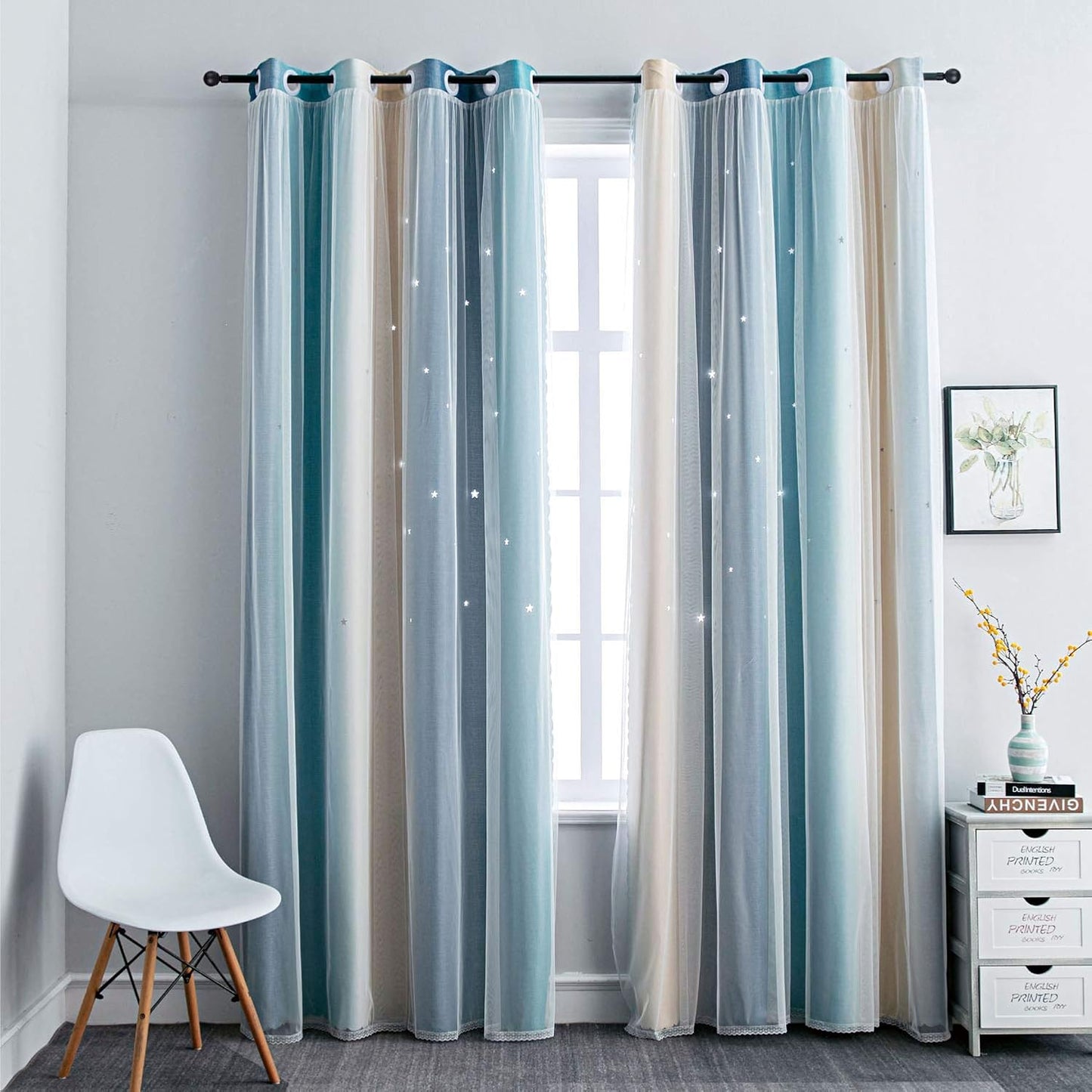 FANLI Ombre Rainbow Blackout Curtains for Kid Girls Bedroom Living Room Darking Stripe Double Layer Star Cut Out Wall Home Decor Gradient Grommet Window Curtains (Blue/Yellow, 52W x 95L)