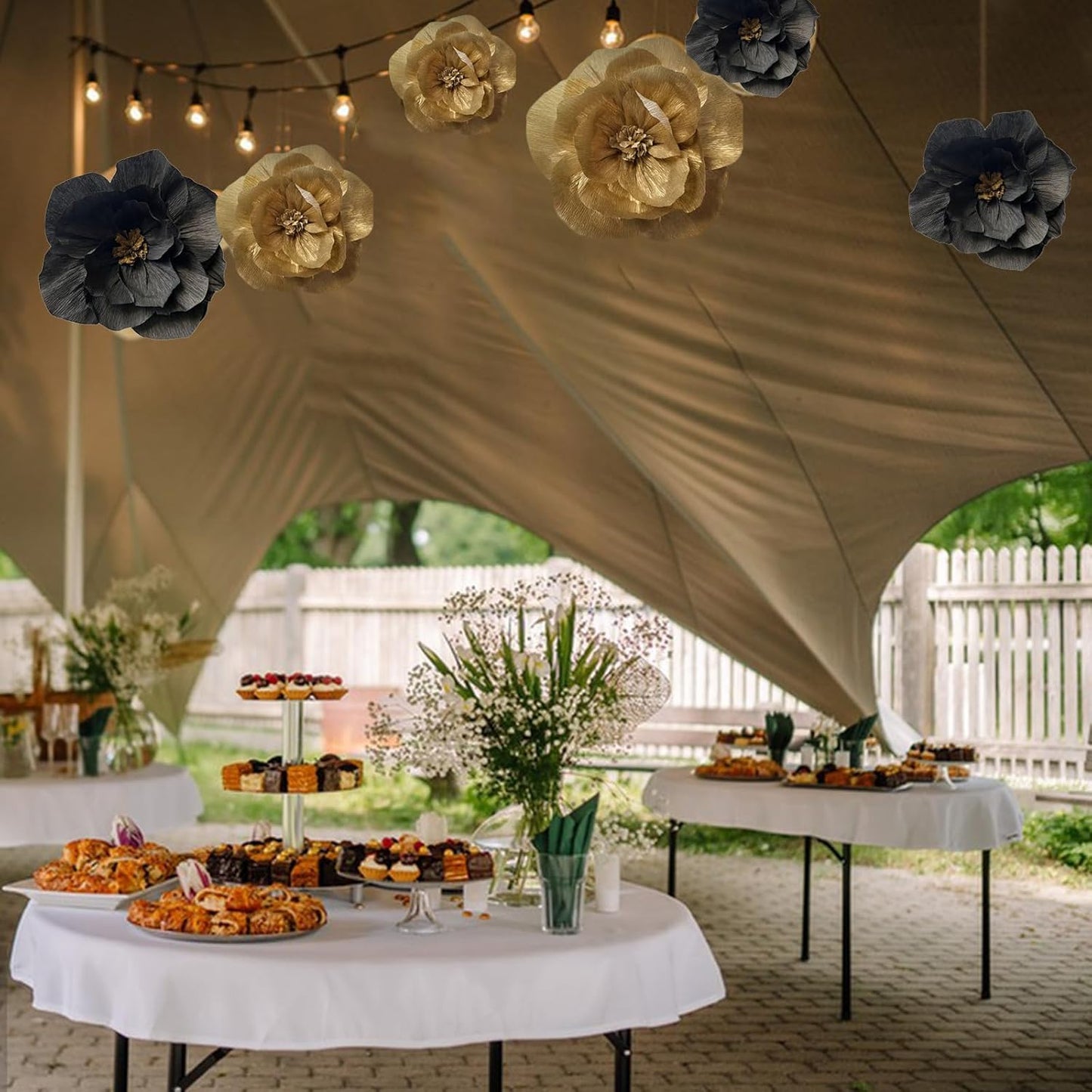 BRT Bearingshui Crepe Paper Flowers Decoration for Wall Total 6 Pcs, Artificial Flowers for Wedding Decor,Flower Backdrop Decor, Baby Bridal Shower Birthday Party, Black Gold 3D Wall Flowers Decor