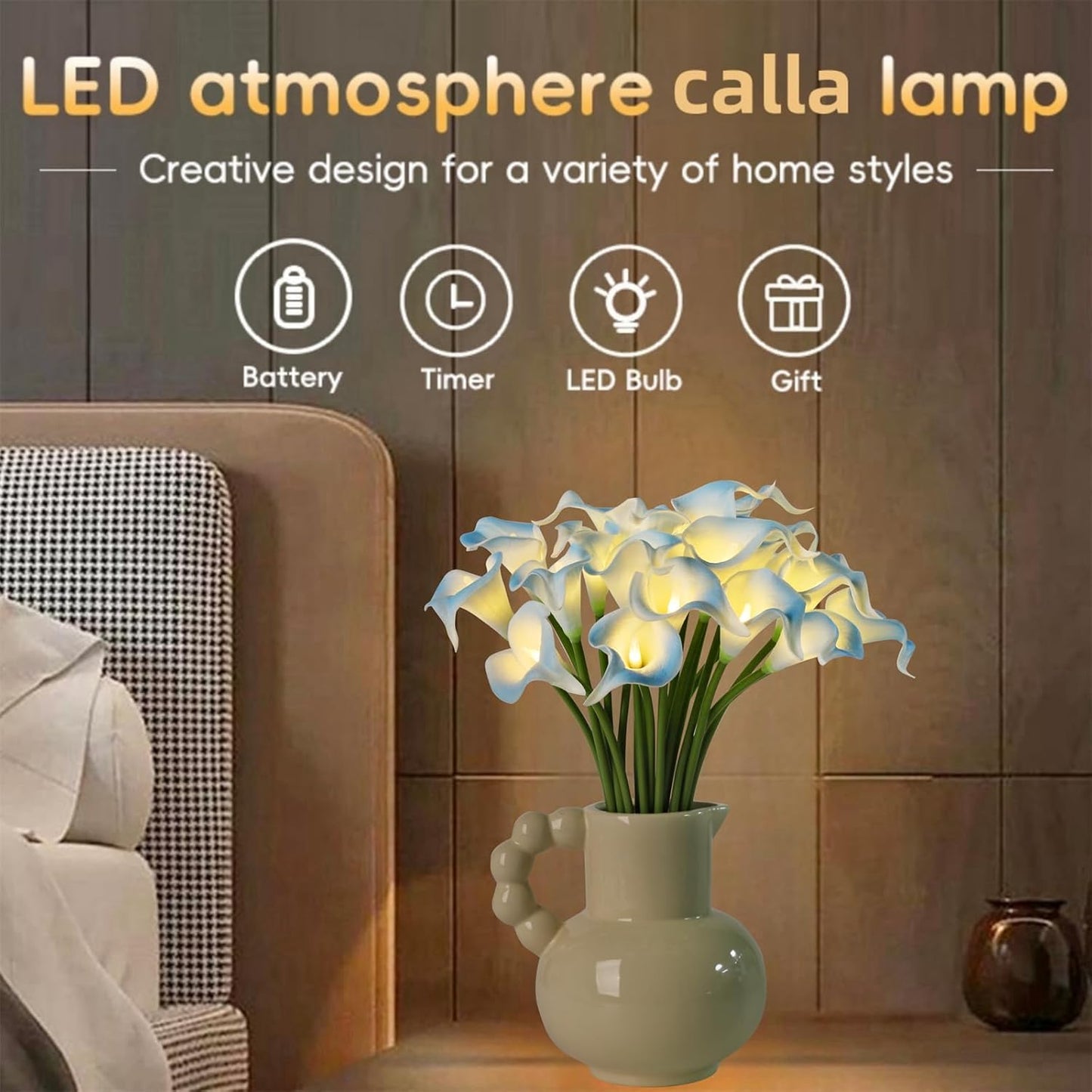 20pcs Artificial Calla Lily Bouquet Lamp Faux Floarl Night Light Real Touch Flower Night Lamp LED Calla Lily Lighted Artificial Flower for Her Gifts Home Kitchen Decor(Light Blue)