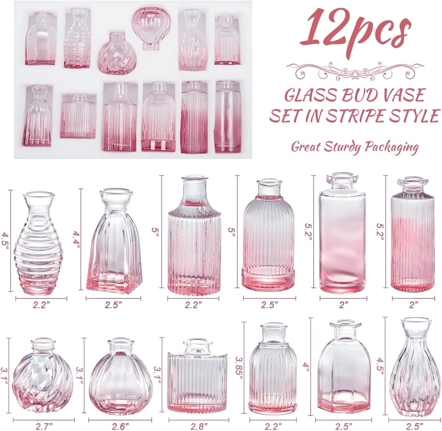 Pink Vase, Glass Bud Vases Set of 12, Small Pink Glass Vases for Flowers Colored Ribbed Flower Vase for Decor Bud Vase in Bulk Vintage Decor Bridal Shower Wedding Centerpieces Home Table Decoration