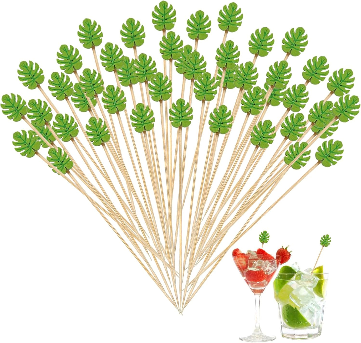 120 Pcs Monstera Leaf Cocktail Picks 4.7" Drinks Fruits Hawaiian Party Food Garnish Skewer Sticks St. Patrick's Day Decorations Supplies Cowboy Handmade Bamboo Toothpicks
