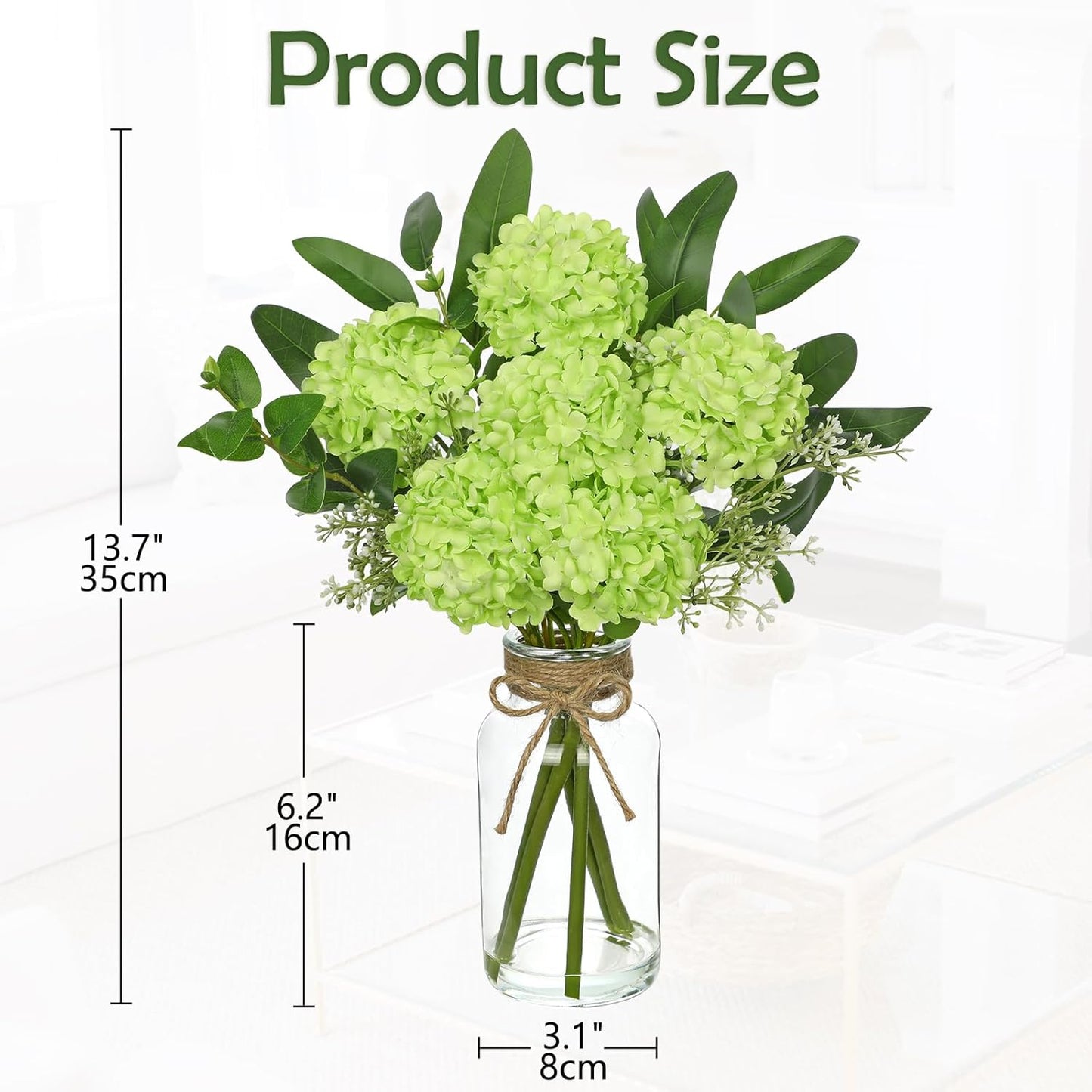 Hollyone Green Hydrangea Artificial Flowers in Clear Glass Vase with Faux Water Silk Hydrangeas Fake Flowers Floral Arrangement for Home Bathroom Kitchen Office Table Centerpiece Shelf Decorations