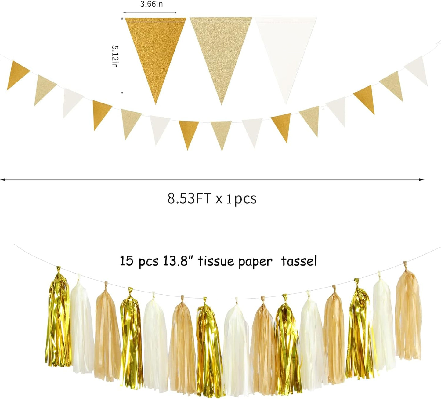 White Gold Champagne Party Decorations - 23pcs Tissue Pom Poms Streamers,Christmas Wedding Engagement Tassel Garland Banner,Bachelorette Neutral Birthday Baby Bridal Shower Decor Lasting Surprise