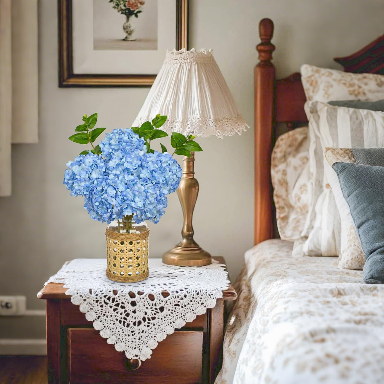 Hollyone Blue Hydrangea Artificial Flowers in Woven Glass Vase with Faux Water Silk Hydrangeas Fake Flowers Floral Arrangement for Home Indoor Bathroom Kitchen Office Table Centerpiece Shelf Decor