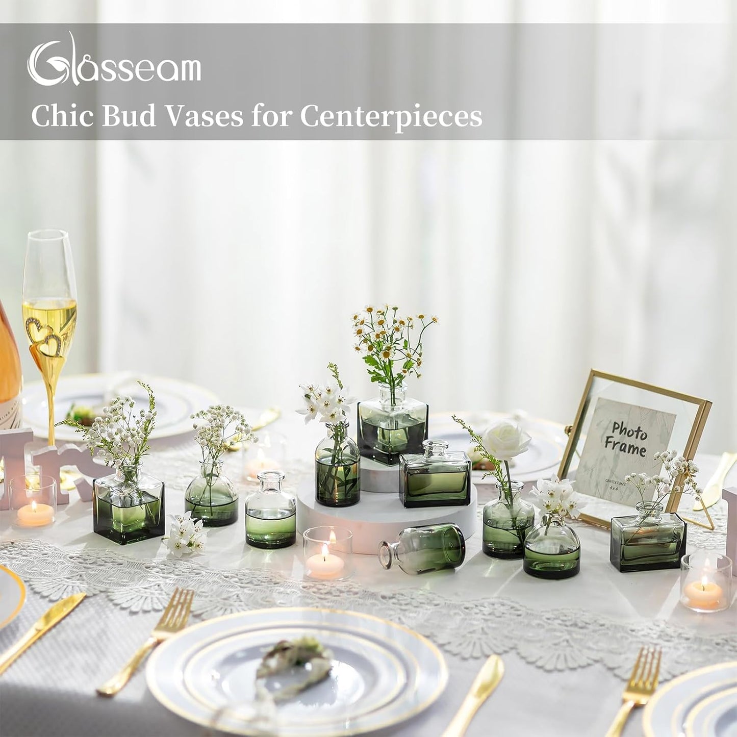 Glasseam Bud Flower Vases in Bulk: 40 Glass Cute Small Vases for Centerpieces Vintage Mini Wedding Birthday Party Table Centerpieces Tiny Baby Shower Dining Room Decoration Green