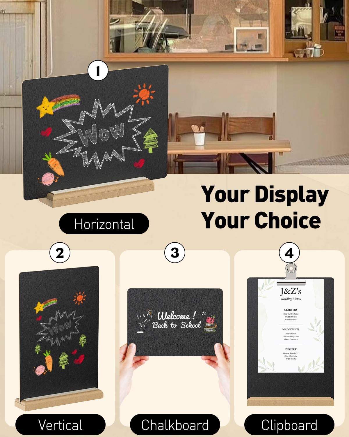 Uniclife 3 Pcs A4 Tabletop Chalkboard Sign with Stand & Chalk Markers, 8.3 x 11.7 Inch, Double-Sided Wooden Chalk Board Sign for Tables, Menu Board for Bar Restaurant Wedding