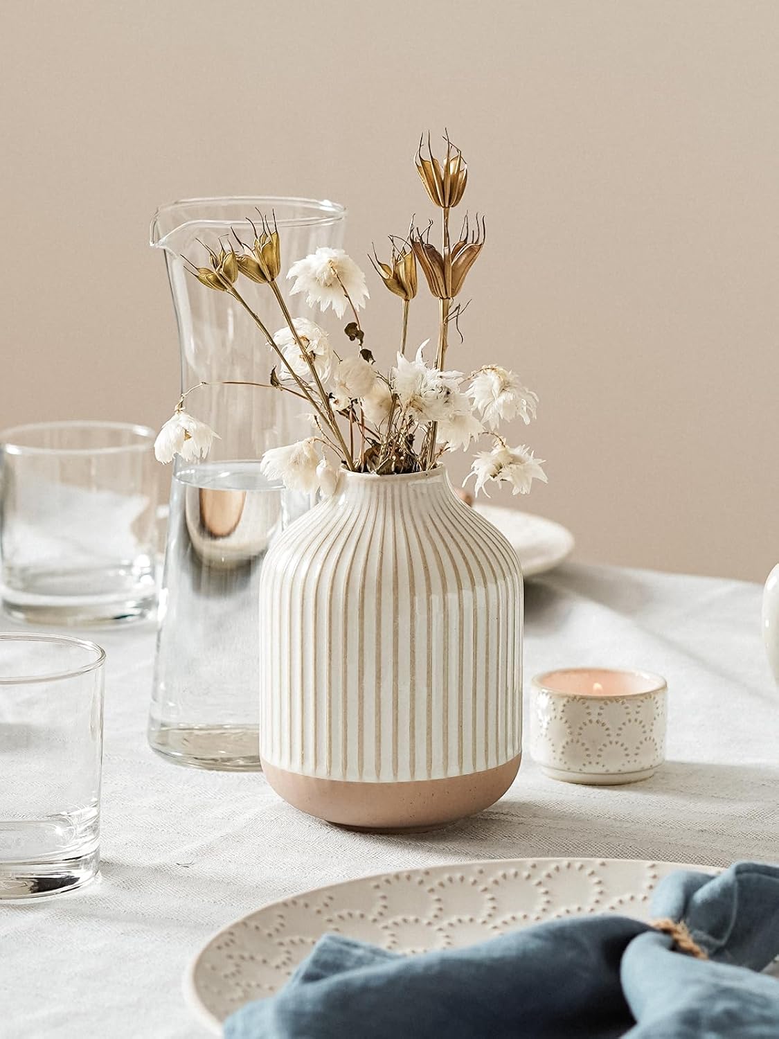 Small Boho Vase for Decor, Rustic Farmhouse Vase for Pampas Grass,Ceramic Flower Vases for Centerpieces, 5.3 Inch,Set of 4,Arctic White