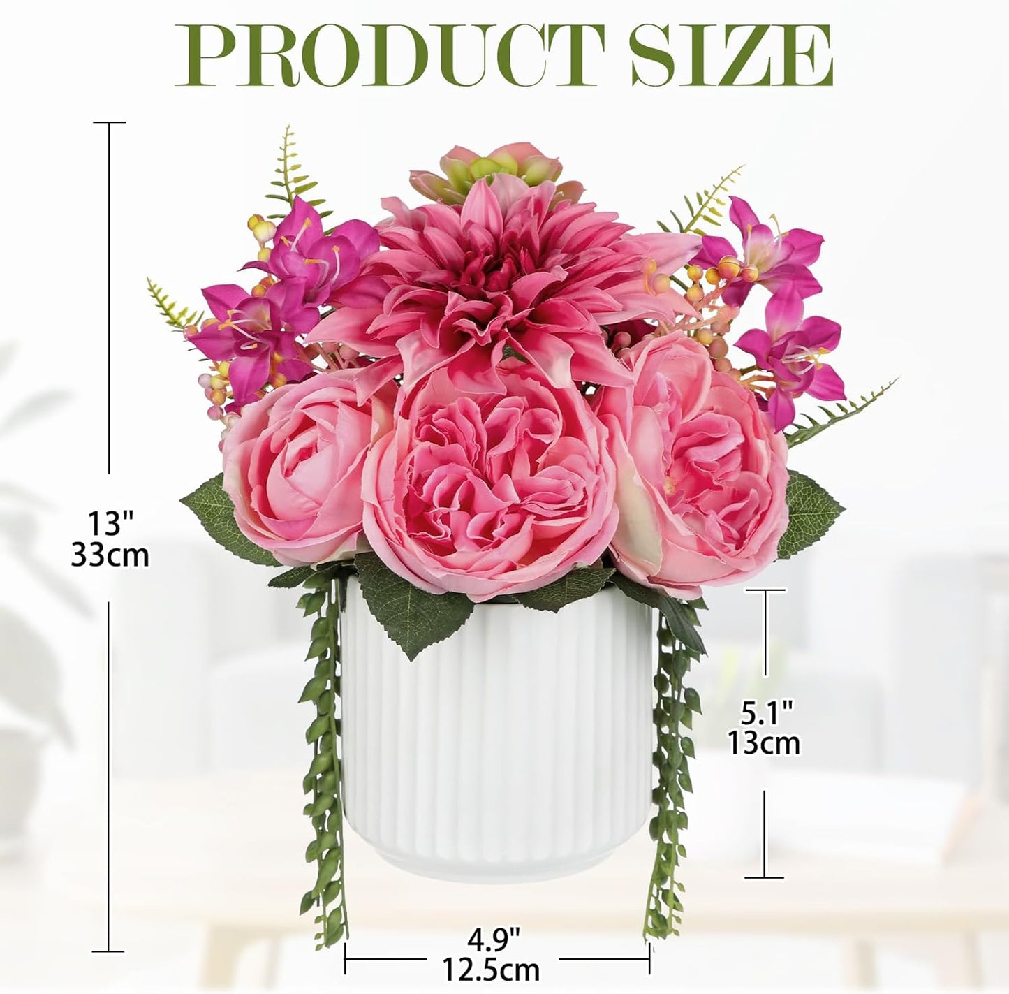 Briful 13" Faux Flower Arrangement in White Ceramic Vase – Pink Artificial Peony & Dahlia Silk Flower Centerpiece with Succulent Fake Potted Flowers for Home Office Tabletop Wedding Decor