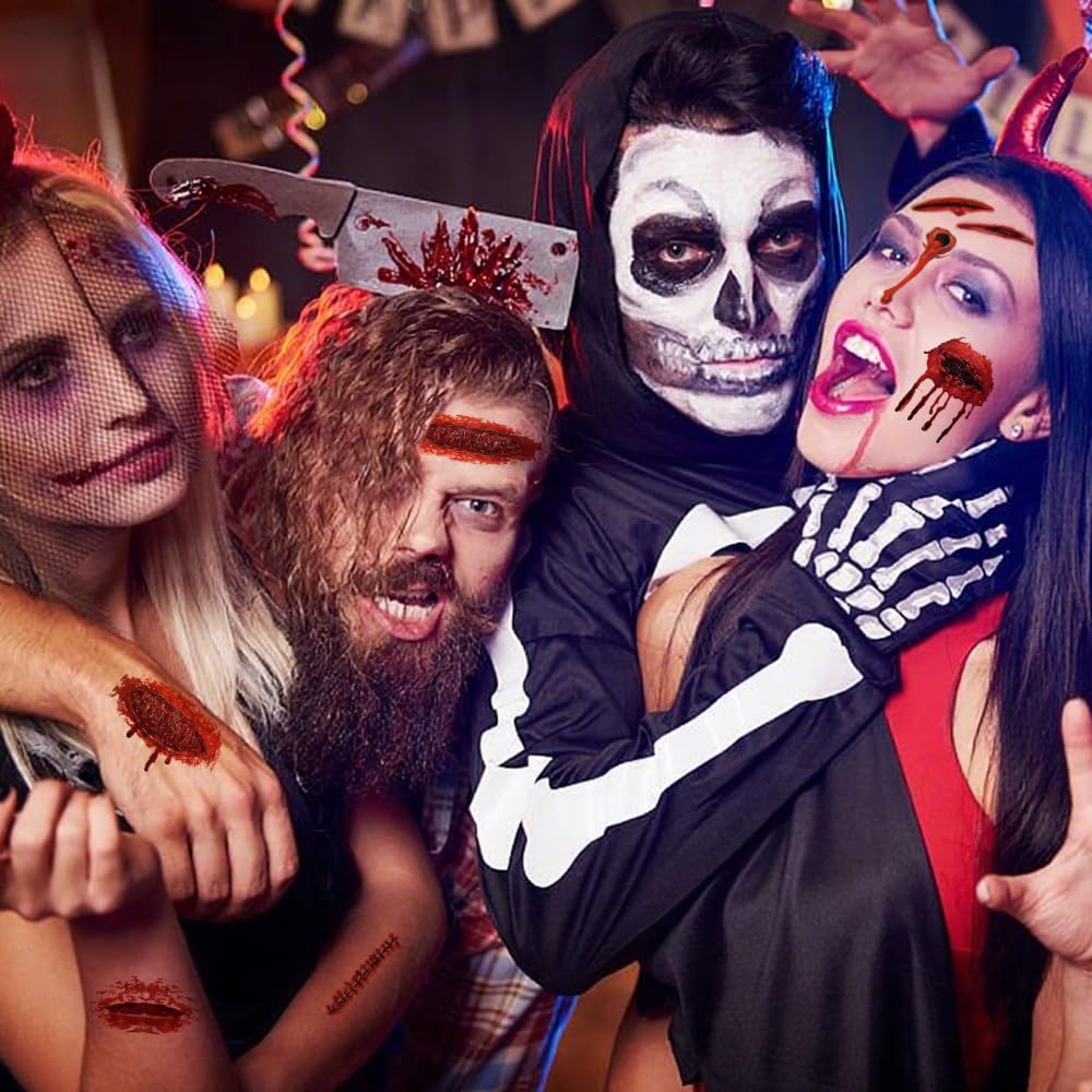 30 Sheets Scar Tattoos Temporary Halloween Makeup Kit, Large Size Fake Chucky Scars Stitches Bloody Wound Vampire Zombie Tattoos, Realistic Stitch Stickers for Men Women Kids Cosplay Party Prank