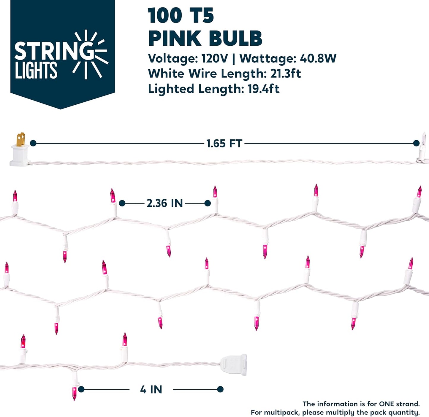 Joiedomi Christmas String Lights Indoor,100 Count Mini Pink Valentines Day Light,21.4 FT Lighting Decor for Patio Dorm Classroom Holiday Wedding Party Garland Birthday Festival,White Wire