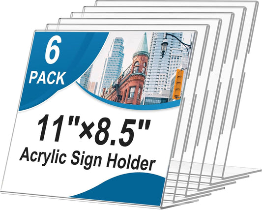 Acrylic Sign Holder 8.5 x 11 Horizontal , Clear Plastic Display Stand for Tabletop, Acrylic Stands for Flyers, Table Paper Holder, Vertical Sign Holder 8.5x11 for Restaurants, Office and School (Slant 6 Pack 11x8.5)