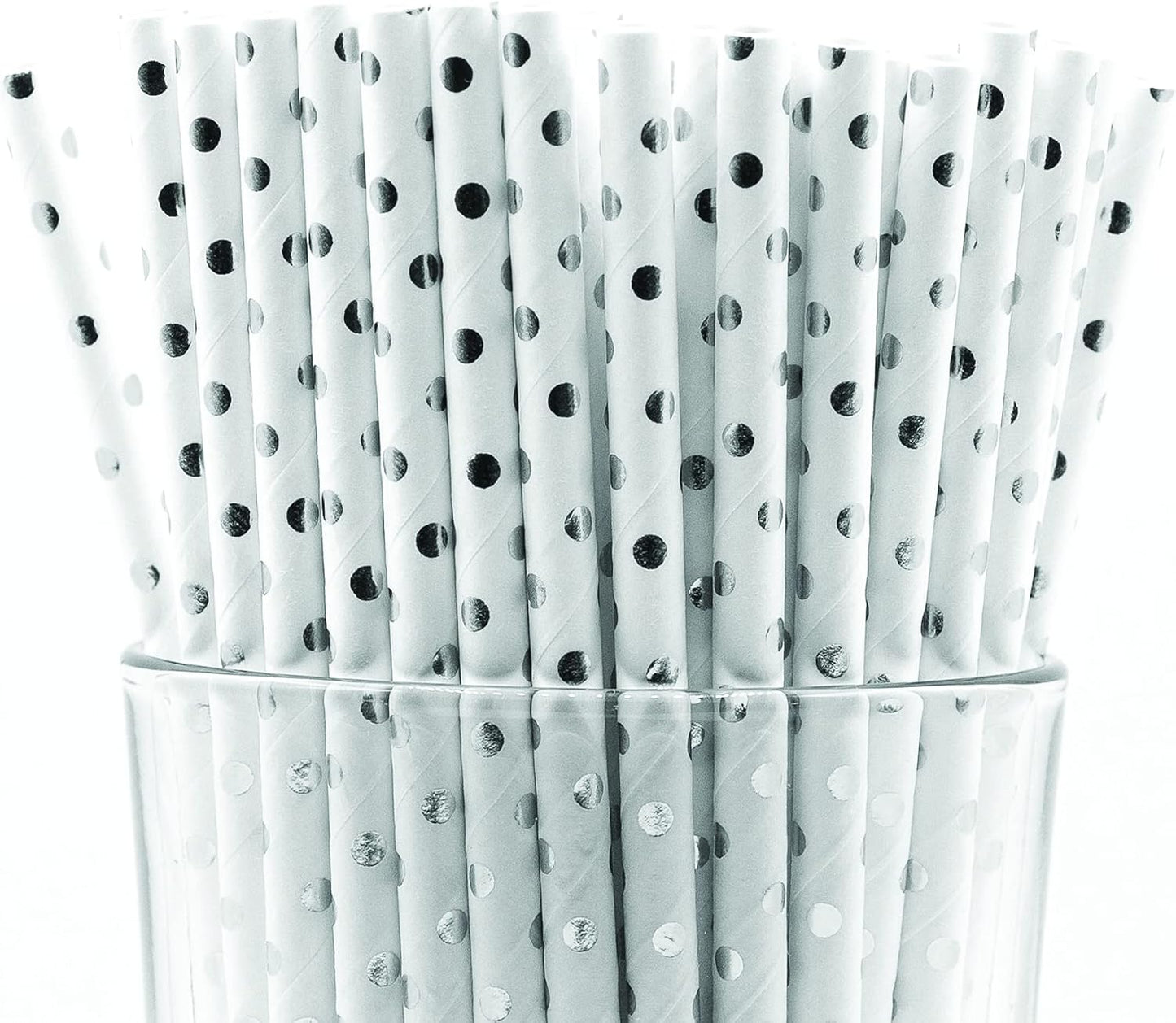 Pack of 900 Silver Polka Dot Foil Biodegradable 4-Ply Paper Drinking Straws (Compostable, Non-toxic, BPA-free)