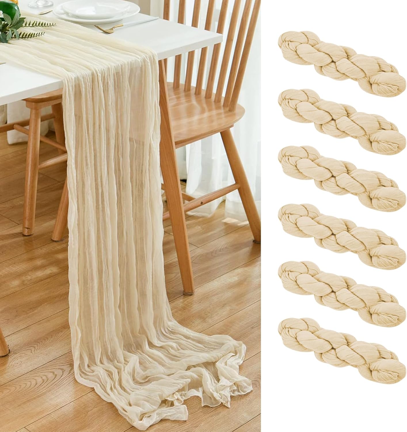 6 Pack Beige Cheesecloth Table Runner 21x120 Inch Boho Wrinkled Sheer Romantic Gauze Decor for Wedding, Bridal Shower, Birthday Party
