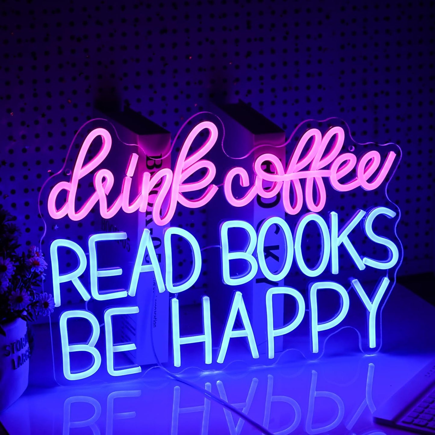 Drink Coffee Read Books Be Happy Neon Sign USB Powered Led Read Books Neon Light for Wall Decor Dimmable Pink Blue Neon Light Up Signs for Classroom Coffee Shop Bookstore Library Museum Study Room(16.5*12.6In)