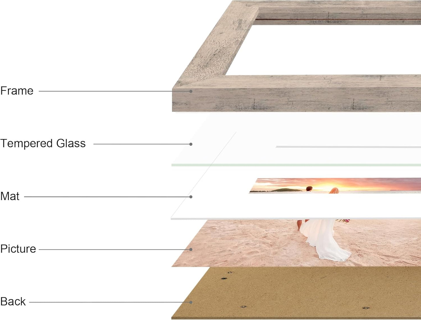 11x14 Picture Frame Set of 4 with Tempered Glass, Smoke Gray Frame Display 8x10 Pictures with Mat or 11 x 14 Without Mat, Wood Rustic Photo Frames for Horizontal or Vertical Wall Mounting