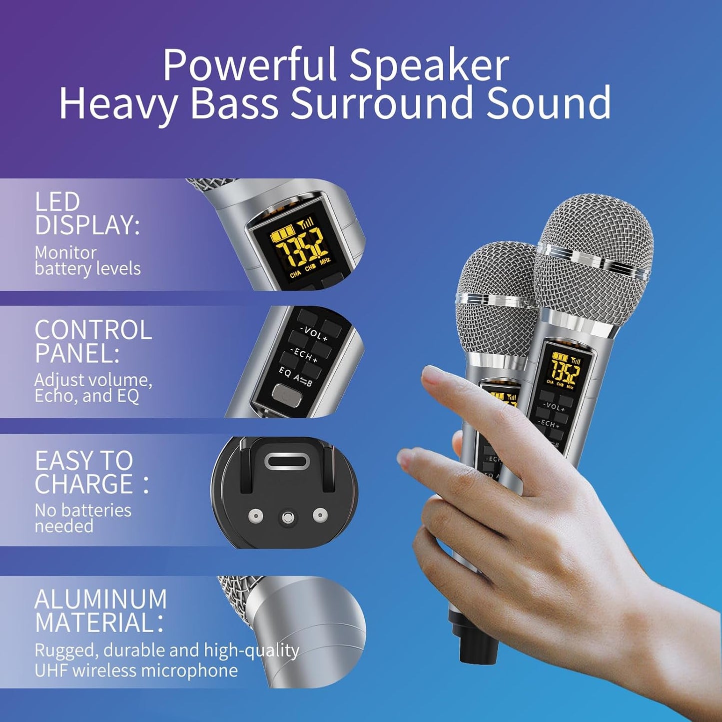 Karaoke Machine for Adults and Kids with 2 UHF Wireless Microphones,Portable Bluetooth Speaker PA Speaker System with LED Party Lights for Home Party, Picnic,Car,Outdoor/Indoor/Birthday Gifts