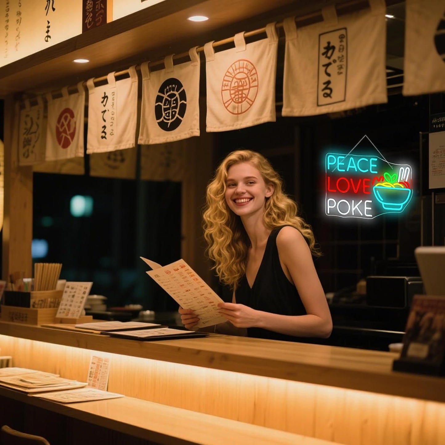 Looklight Peace Love Poke Ramen Neon Sign,Noodles Led Lights Neon Lights for Wall Decor USB Light Up Signs for Restaurant Kitchen Dinning Room Japanese Noodle Shop