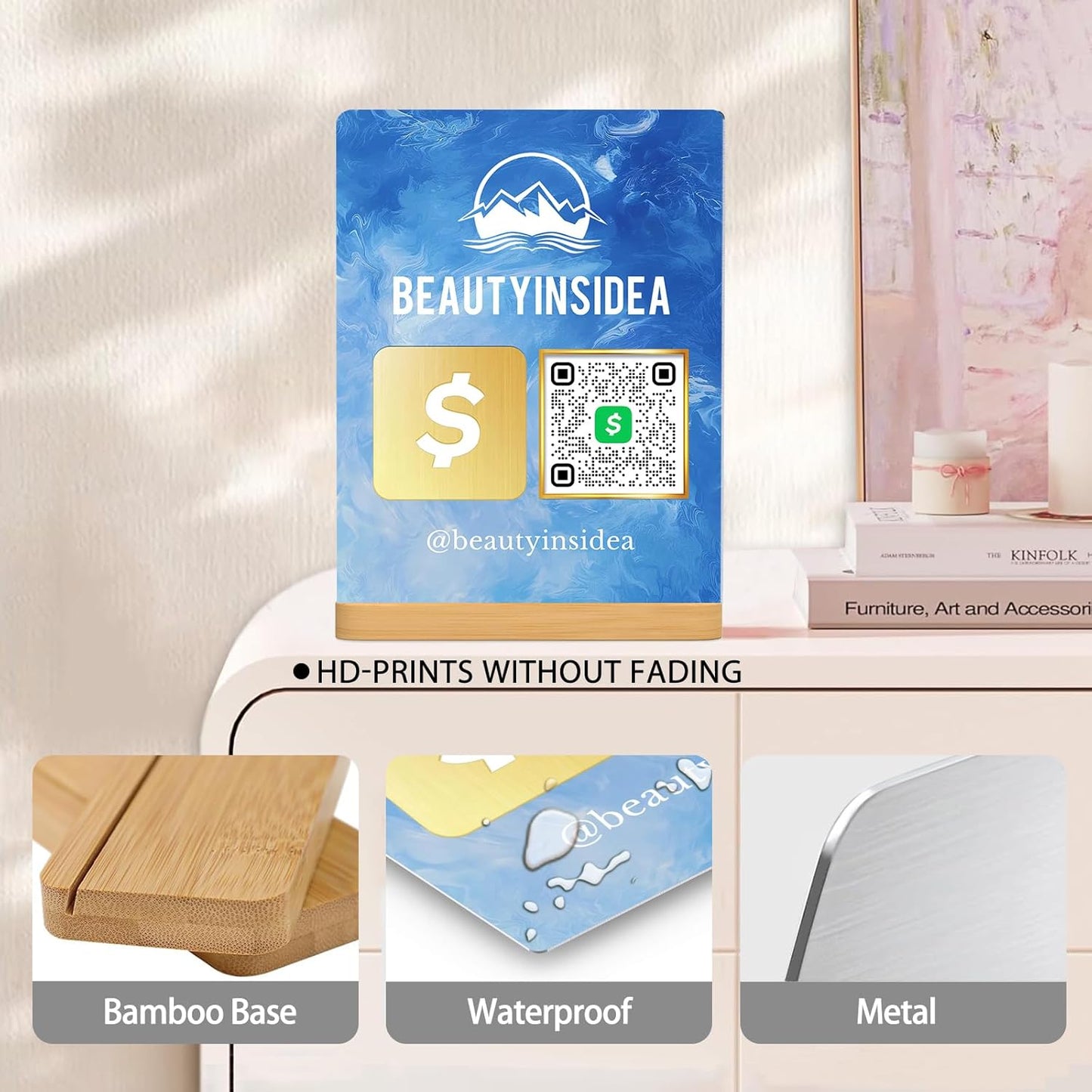 Personalized Custom Metal QR Code Sign Venmo Cashapp Scan to Pay with Stand Instagram Facebook Social Media QR Signs Bar Code QR Plaque Print for Business Salon Beauty Store Restaurant Wifi Sign (Vertical 1)