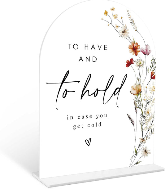 Boho Floral Wedding Blanket Sign, 6 x 8 Inch White Arch Acrylic Wedding Sign with Holder, Wedding Sign for Ceremony and Reception, Wedding Decoration, Wedding Supplies - BX30