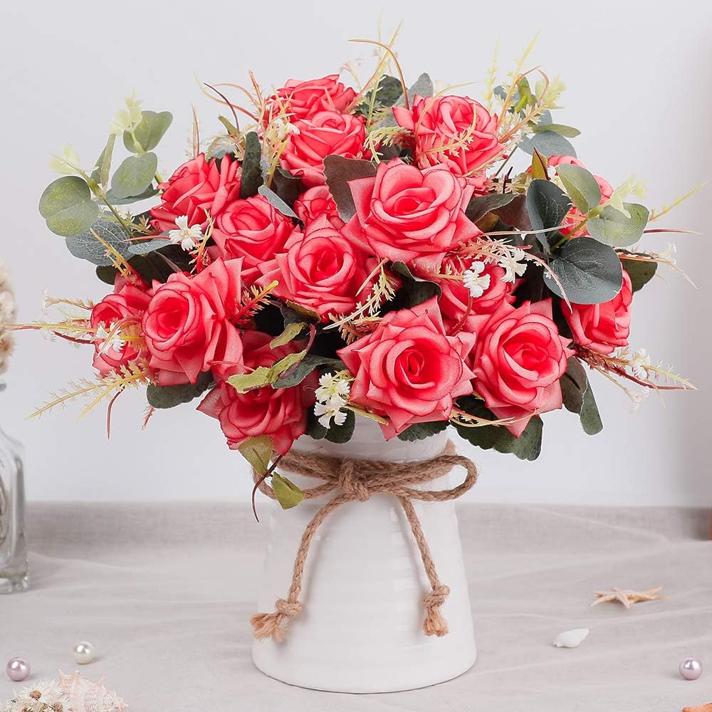 LESING Artificial Rose with Vase,Fake Silk Flowers Bouquets in Vase Table Centerpiece Arrangement for Kitchen Living Room(Red-1)