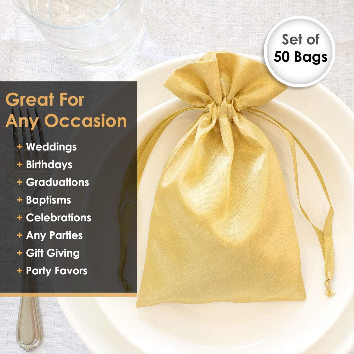 6" x 9" Gold Satin Gift Bags, Jewelry Bags, Wedding Favor Drawstring Baby Shower Christmas 50 per Pack