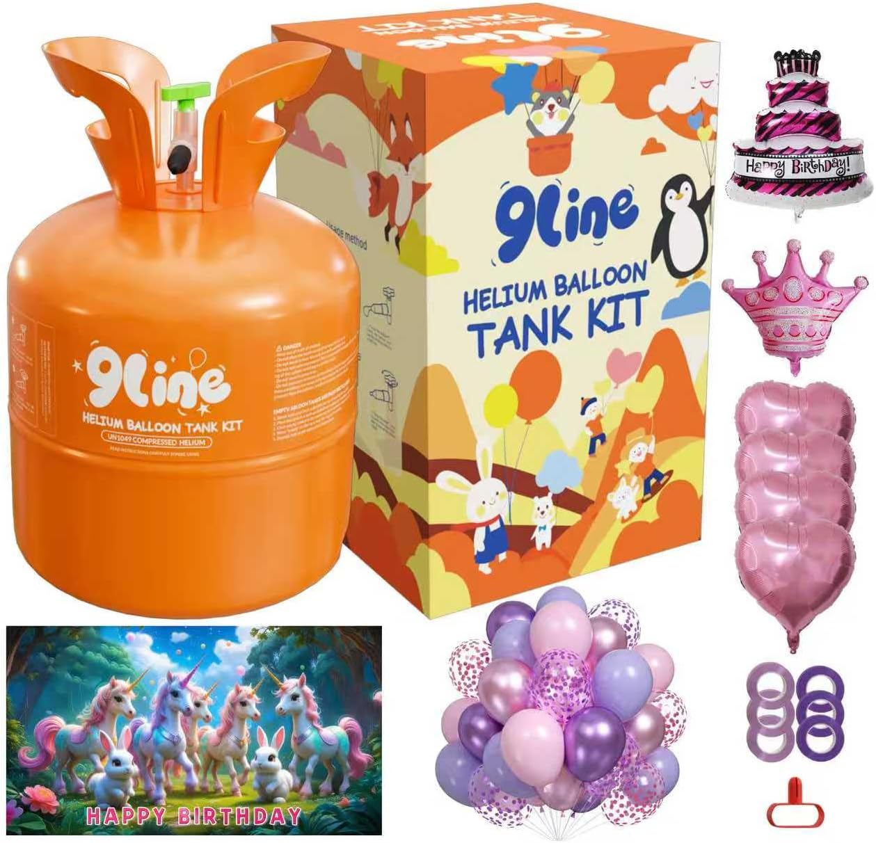9Line 13L Helium Tank Up To 50 Latex Balloons,Helium Tank For Balloons At Home,50 12-Inch Pink&Purple Latex Balloons, 6Foil Balloons, 1Happy Birthday 5.9X3.6Ft Backdrop, 8 Accessory Tools