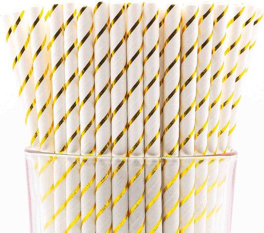 Pack of 150 Gold Foil Stripes Biodegradable 4-Ply Paper Drinking Straws (Compostable, Non-toxic, BPA-free)