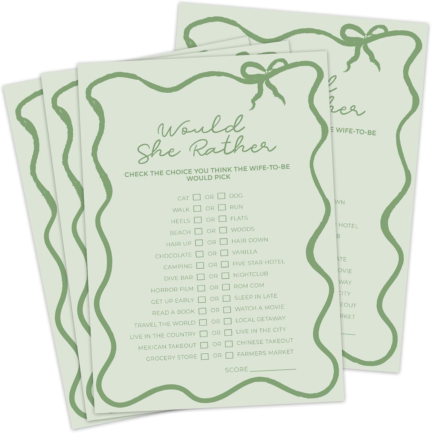 DEEKA 30 PCS Bridal Shower Games Card for 30 Guests Sage Green Wavy Border Ribbon Bow Funny Wedding Bachelorette Party Games for Reception (Would She Rather)